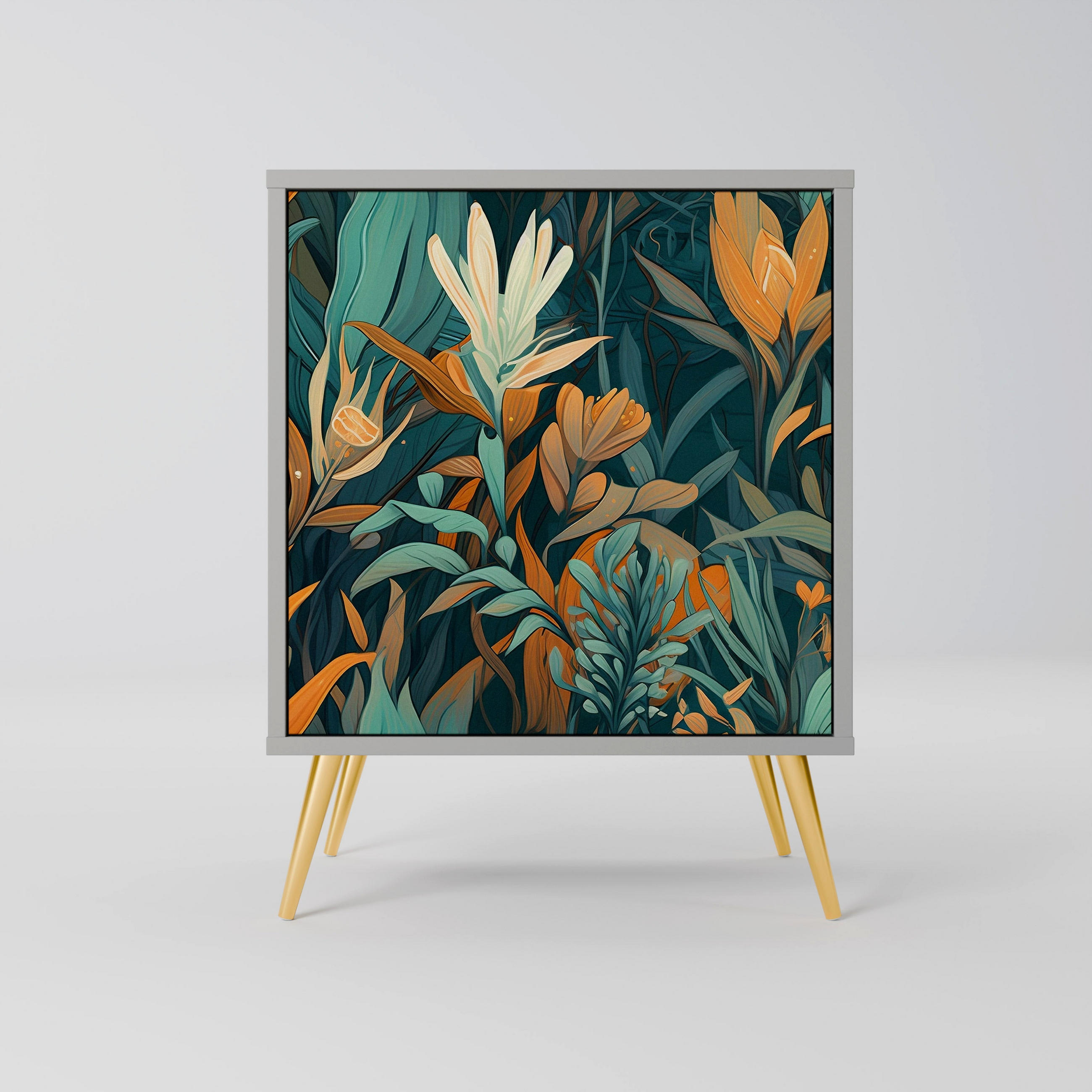 SIDEBOARD FLORAL SERENITY, Grau, 57,5x42x75,5 cm, Goldfarbene Metallfüße - Goldfarben/Multicolor, Holzwerkstoff/Metall (57.5/75.5/42cm) - SpaceRebels