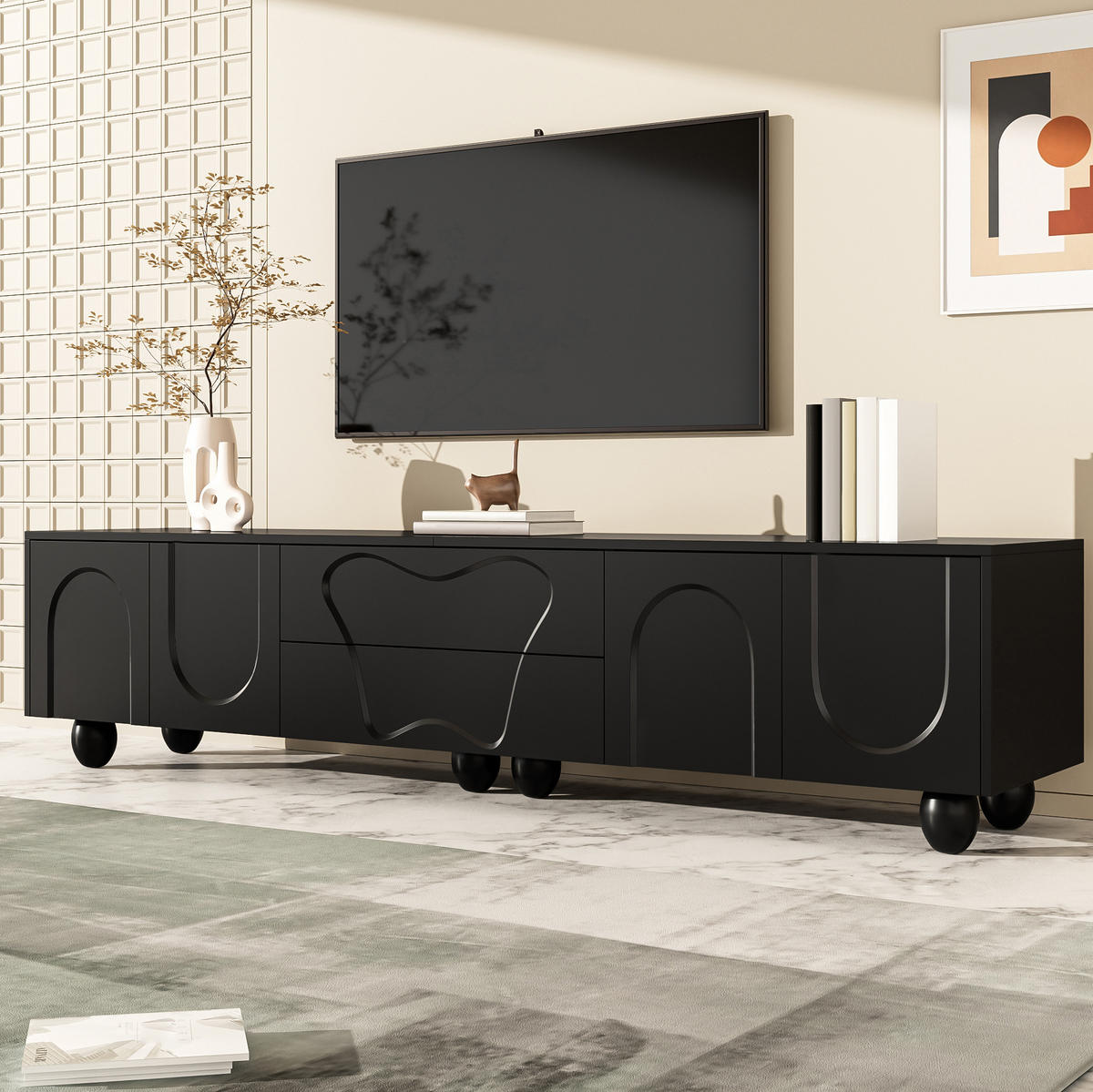 TV-ELEMENT mit Stauraum 180 cm Schwarz mit Holzbeinen - Schwarz, Holzwerkstoff (40/42/180cm) - Beauniv