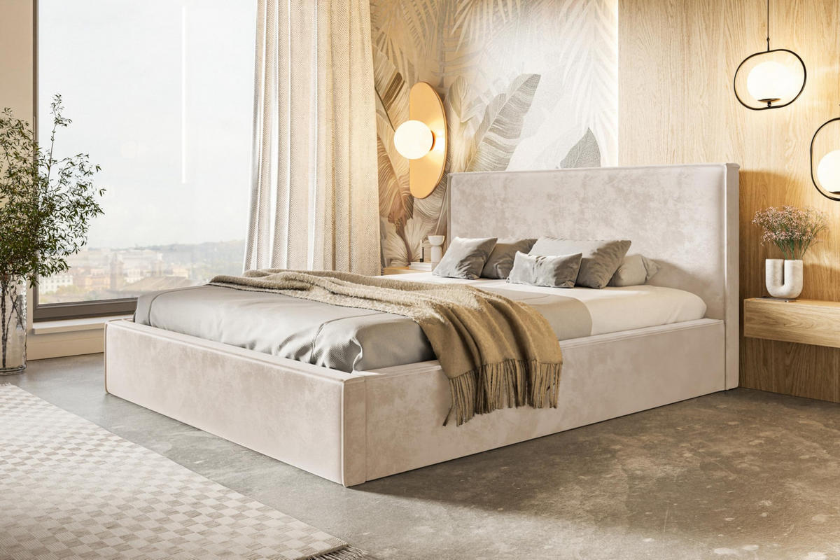 BETT 140x200 - Polsterbett mit Bettkasten und Holzrahmen - Modern Betten - Amor-Samtstoff - Kollektion Milano - Beige - Beige, Holz/Textil (140/200cm) - Alpi-Möbel