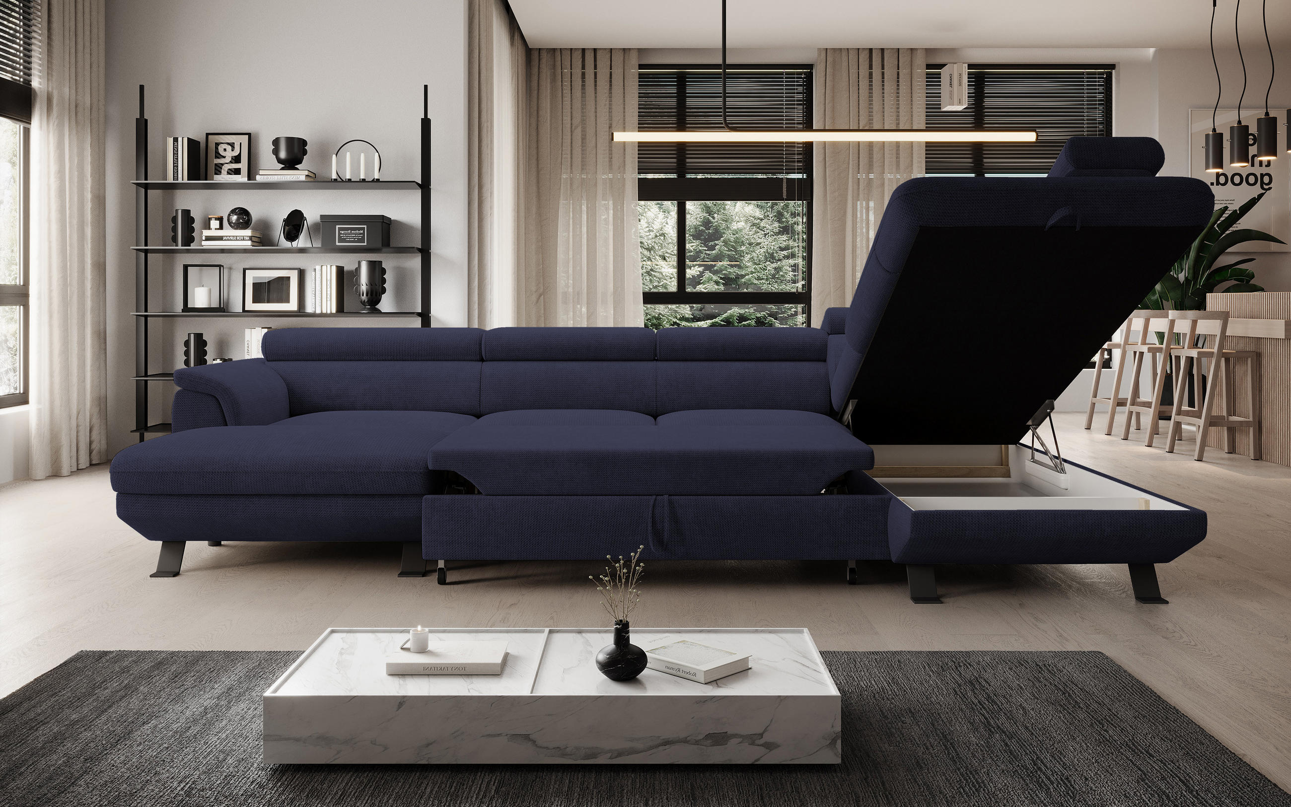 ECKSCHLAFSOFA Raven XL, Verstellbaren Kopfstützen, Bettkasten, Großes Sofa 334x198x162cm Rechte, Meer - Pastellblau, Holz/Textil (334/198cm) - DomoHome