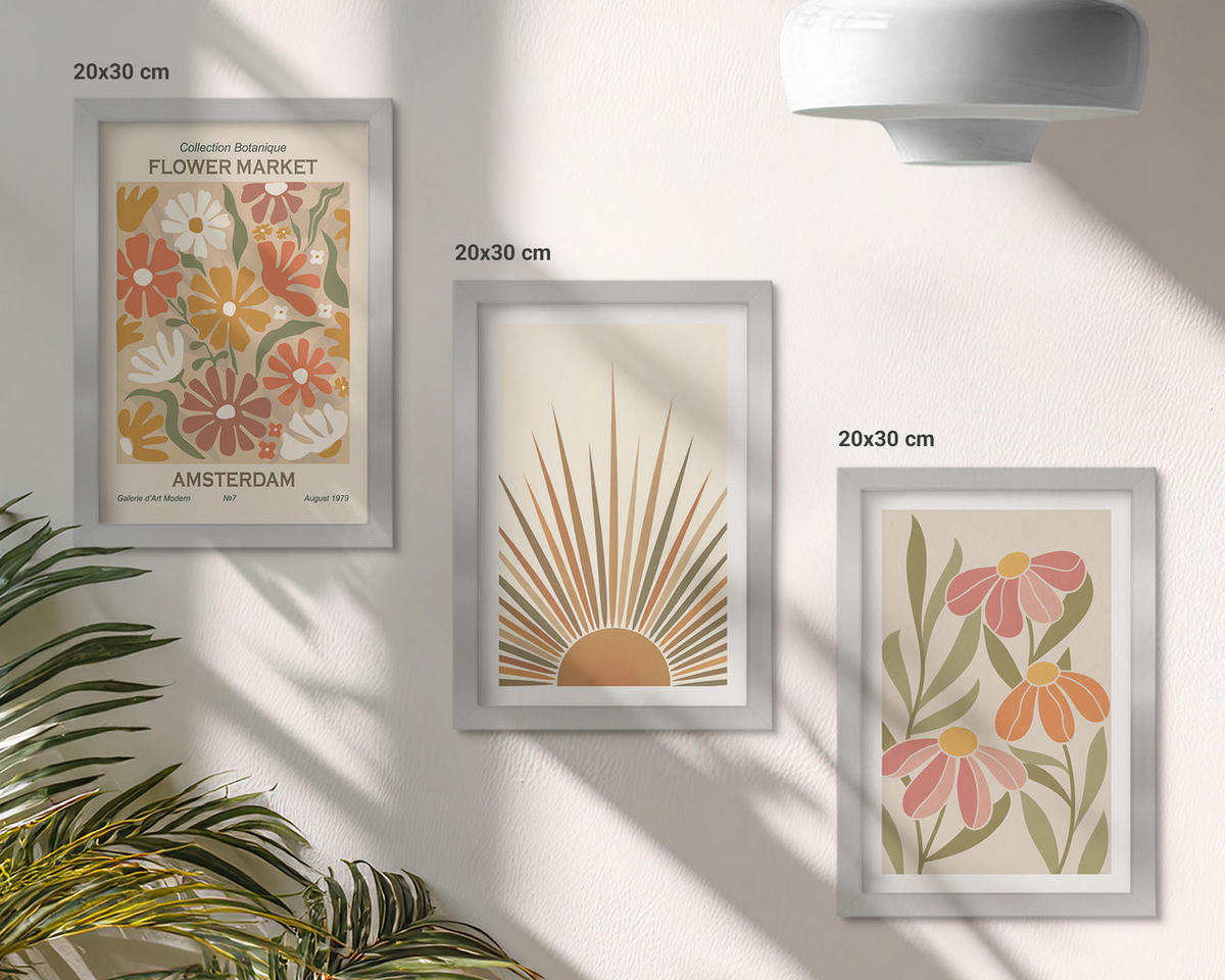 BILDER SET 3er Set - 20x30 cm Silberner Rahmen - Pastellfarbene Sonnenblumen - Silberfarben, Kunststoff (20/30cm) - TULUP