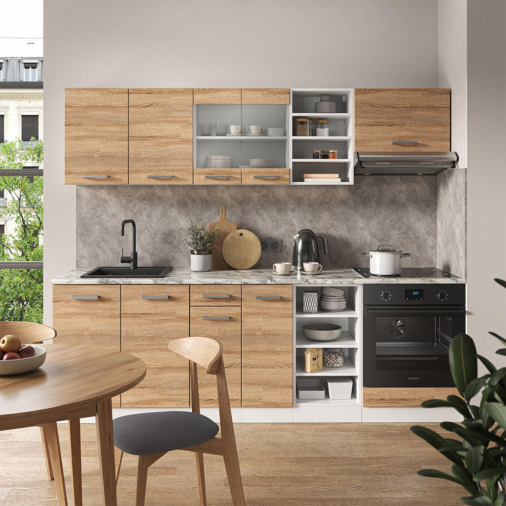 KÜCHENZEILE R-Line Sonoma/Weiß 240 cm ohne AP - Weiß/Sonoma Eiche, Holzwerkstoff (240/81.6/46cm) - Vicco