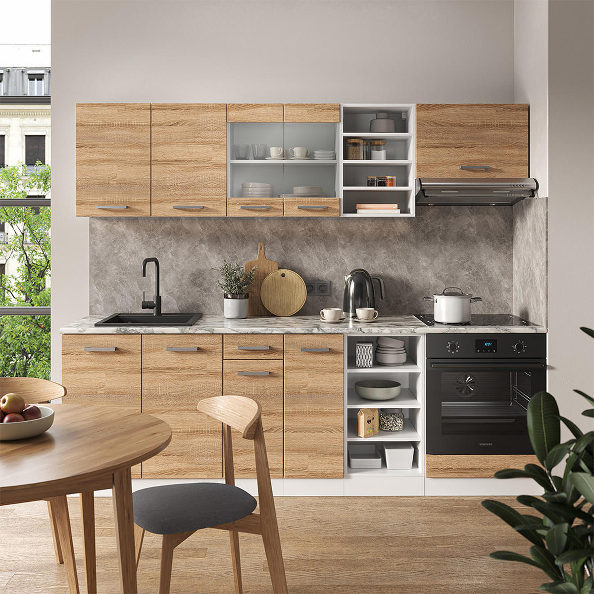 KÜCHENZEILE R-Line Sonoma/Weiß 240 cm, AP Eiche - Weiß/Sonoma Eiche, Holzwerkstoff (240/81.6/60cm) - Vicco