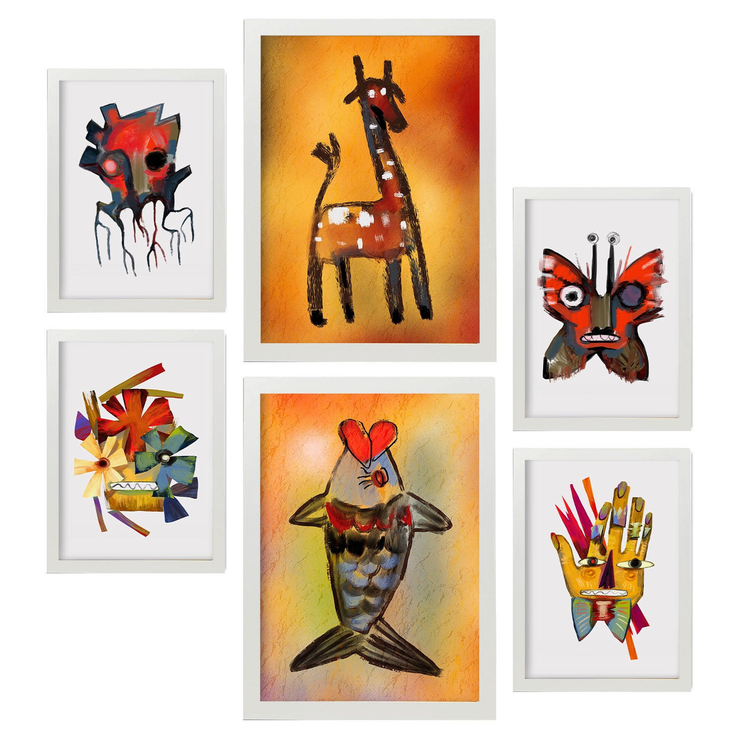 POSTER Set Mit 6 Auffällt 3 In Tiere Zusammenfassungen A3 & A4 Weißer Rahmen - Weiß, Papier (29/3cm) - Nacnic