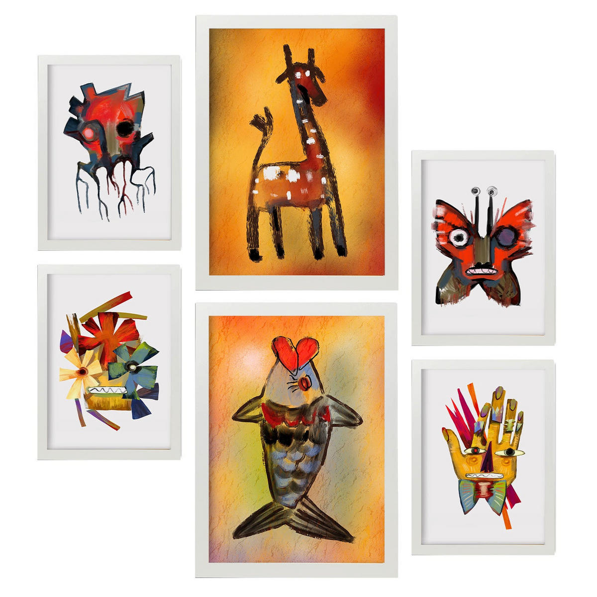 POSTER Set Mit 6 Auffällt 3 In Tiere Zusammenfassungen A3 & A4 Weißer Rahmen - Weiß, Papier (29/3cm) - Nacnic