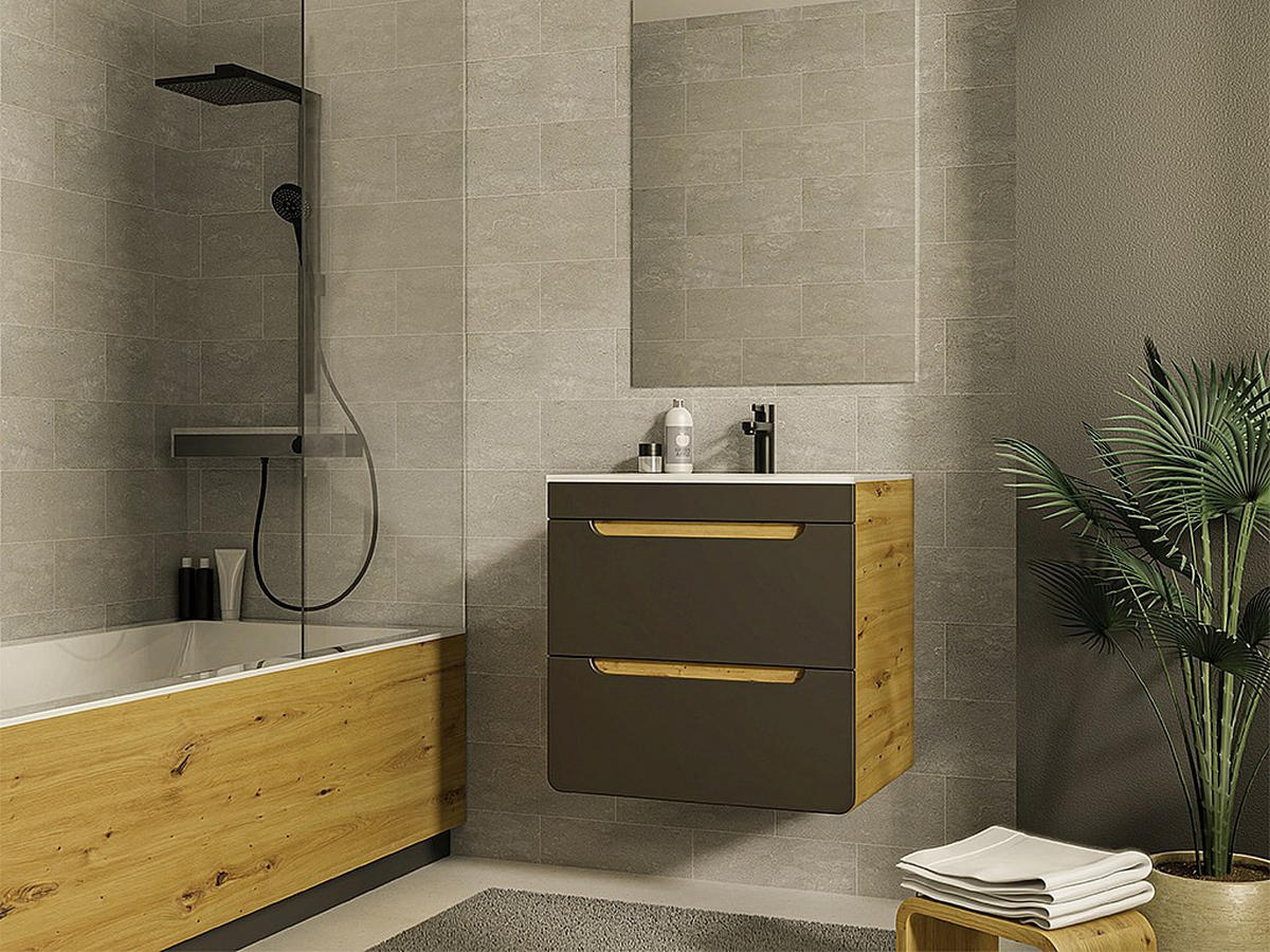 WASCHBECKENUNTERSCHRANK - 60cm x 46cm - Holzspan - anthrazitgrau, naturfarben hell - ARUBA - Anthrazit, Holz (60/59/46cm) - Vente-Unique