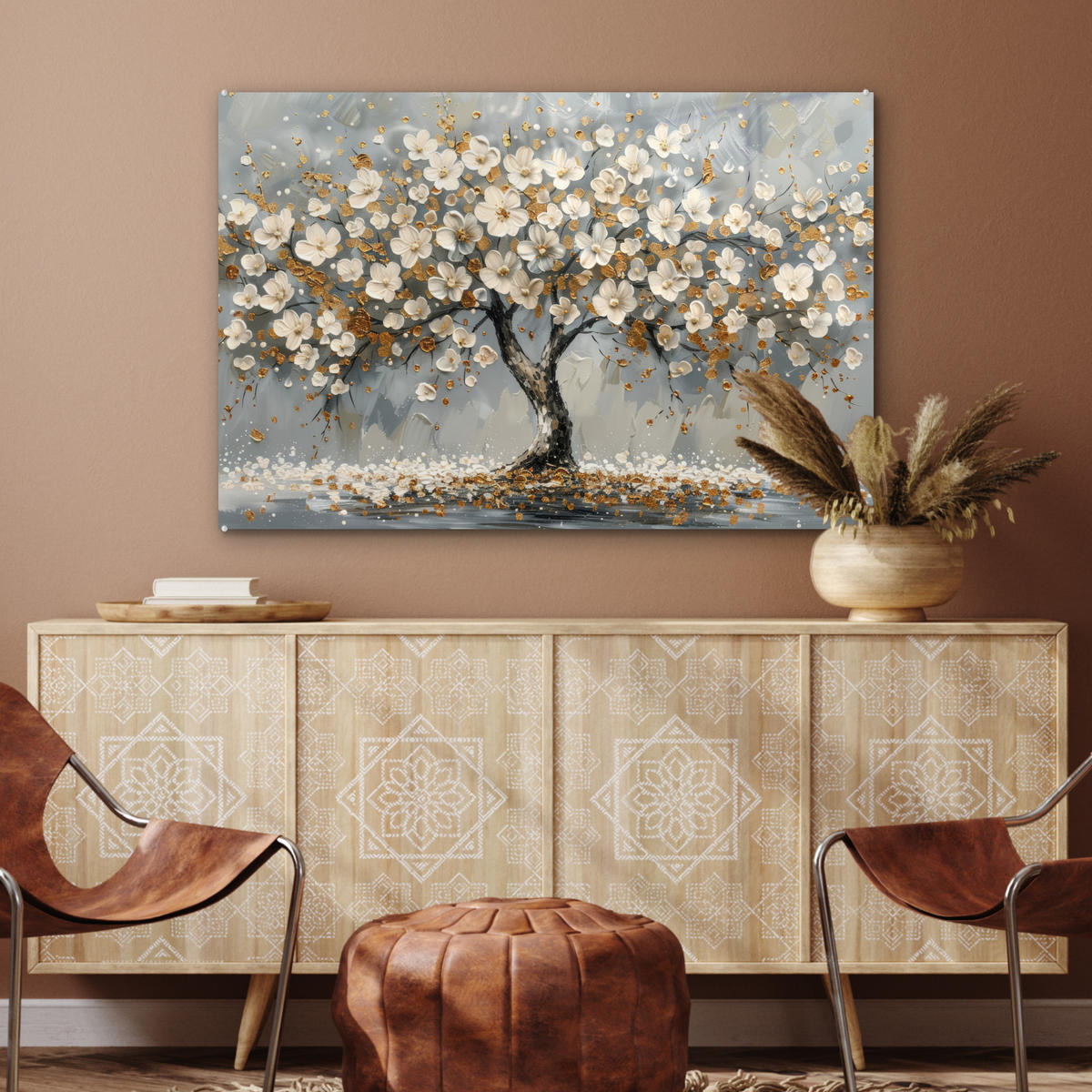 ACRYLGLASBILD Baum - Blumen - Weiß - Natur - Kunst 90x60 cm - Weiß, Glas (90/60cm) - MuchoWow