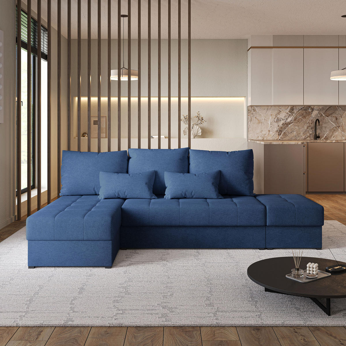 ECKSOFA NORVI Blau Geflochtener Stoff mit Schlaffunktion - Blau, Holz (251/143cm) - MASSENO