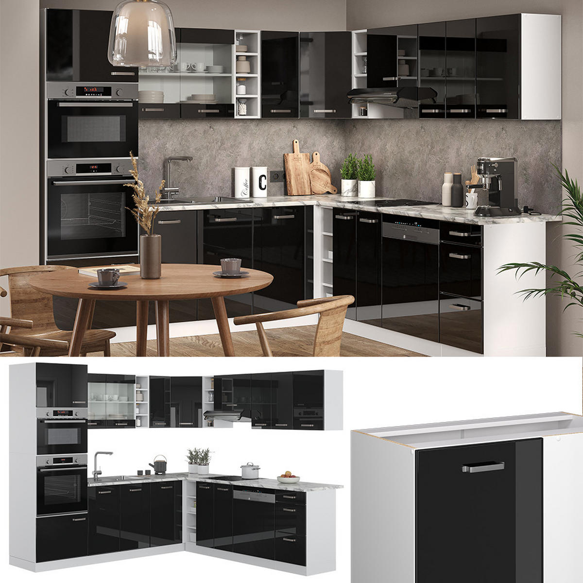 ECKKÜCHE R-Line Schwarz Hochglanz/Weiß 237 x 60 cm ohne AP - Schwarz Hochglanz/Weiß, Holzwerkstoff (247/81.6/46cm) - Vicco