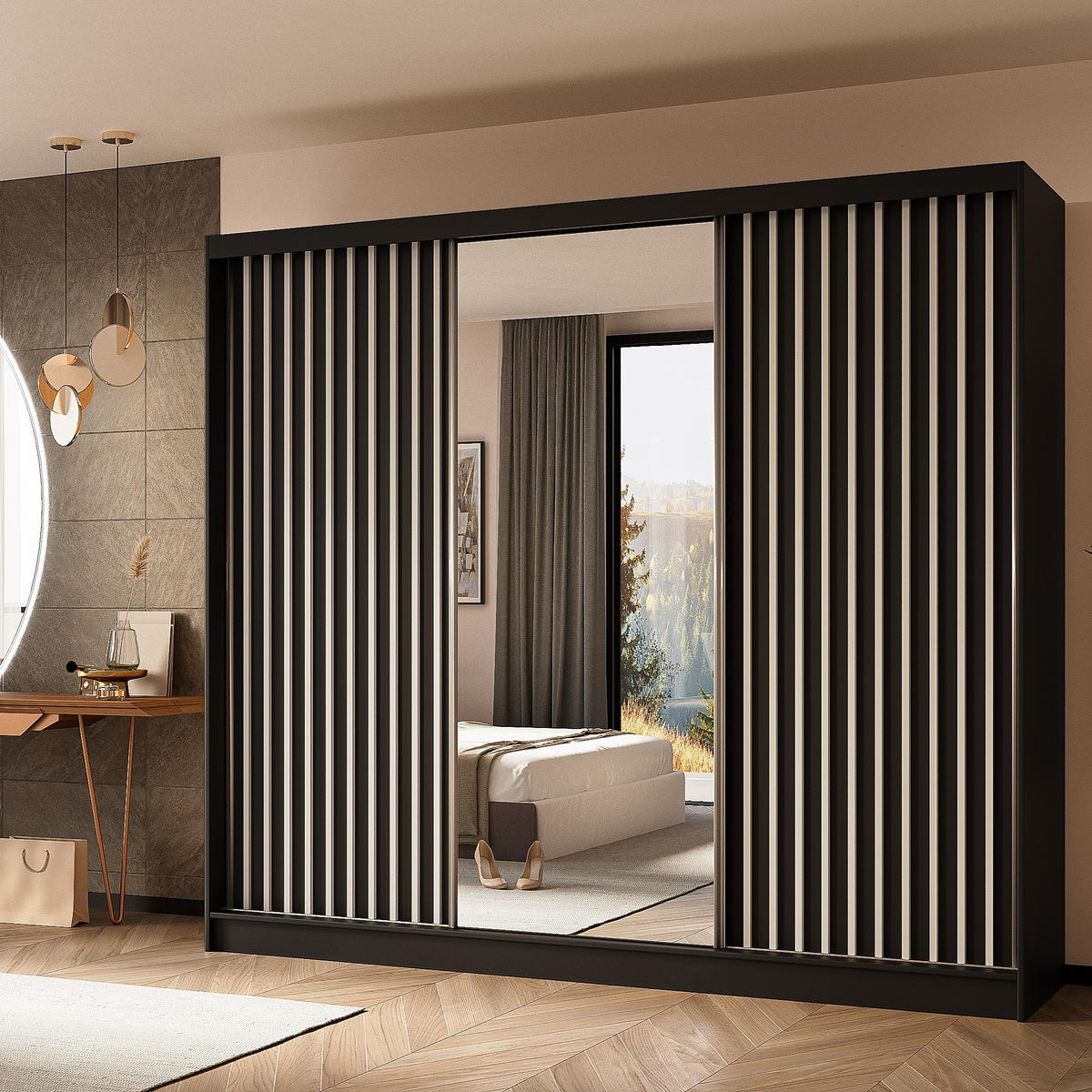 SCHWEBETÜRENSCHRANK LAMELLO 240/216/61 cm 3-türig mit Spiegel Schwarz - Schwarz, Holzwerkstoff (240/216/61cm) - MASSENO