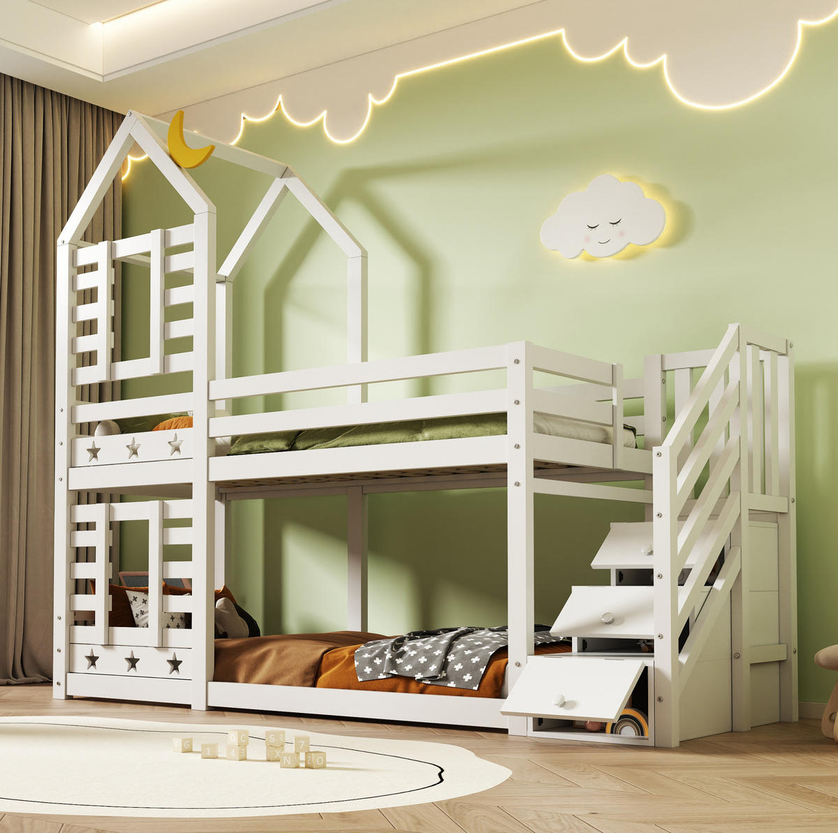HAUSBETT 90/200 cm in Weiß mit Treppe, Schubladen und Hausrahmen - Weiß, Holzwerkstoff (90/200cm) - BEAOK