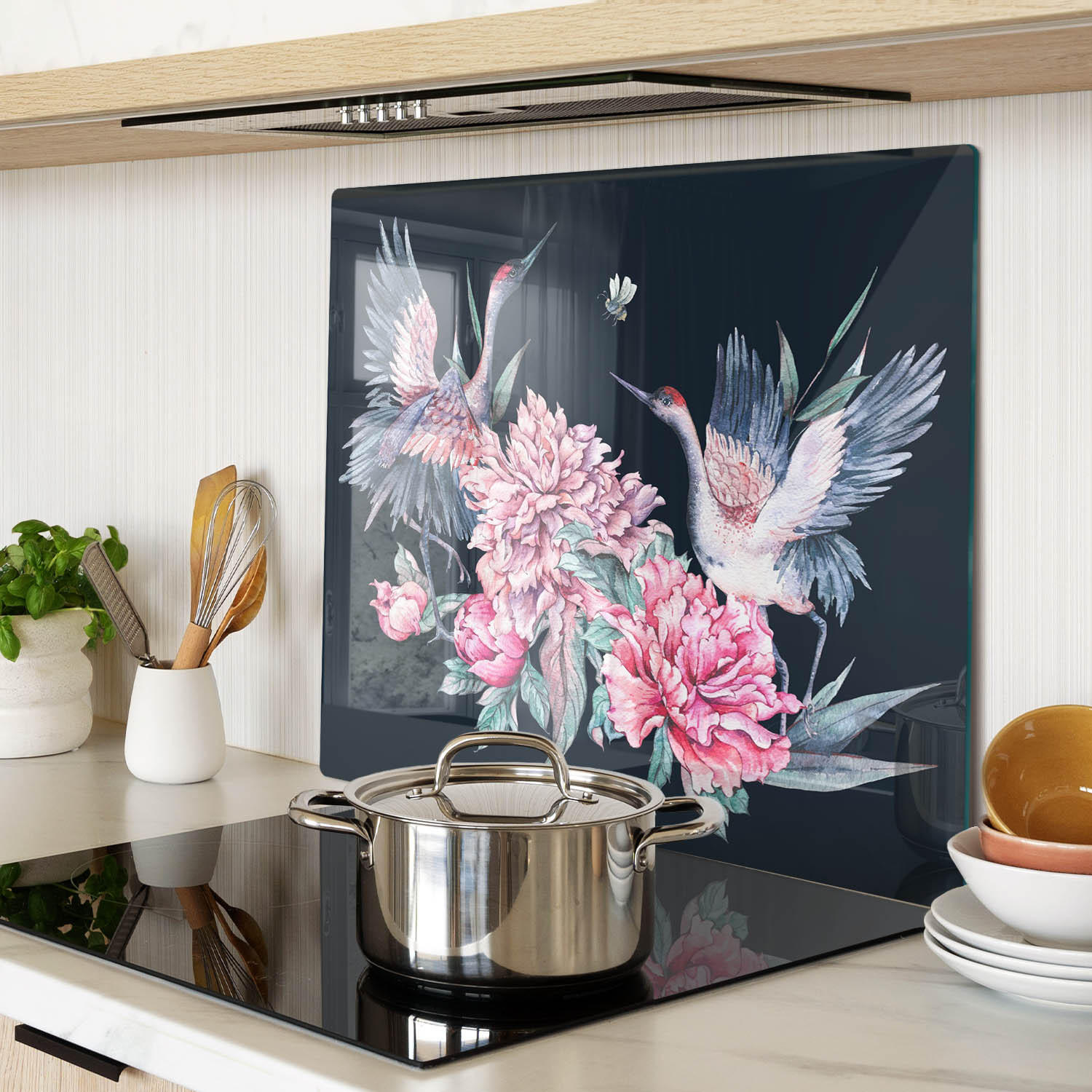 GLASPLATTE 60x52 cm Kraniche Pfingstrosen - Braun, Glas (60/0.4/52cm) - TULUP