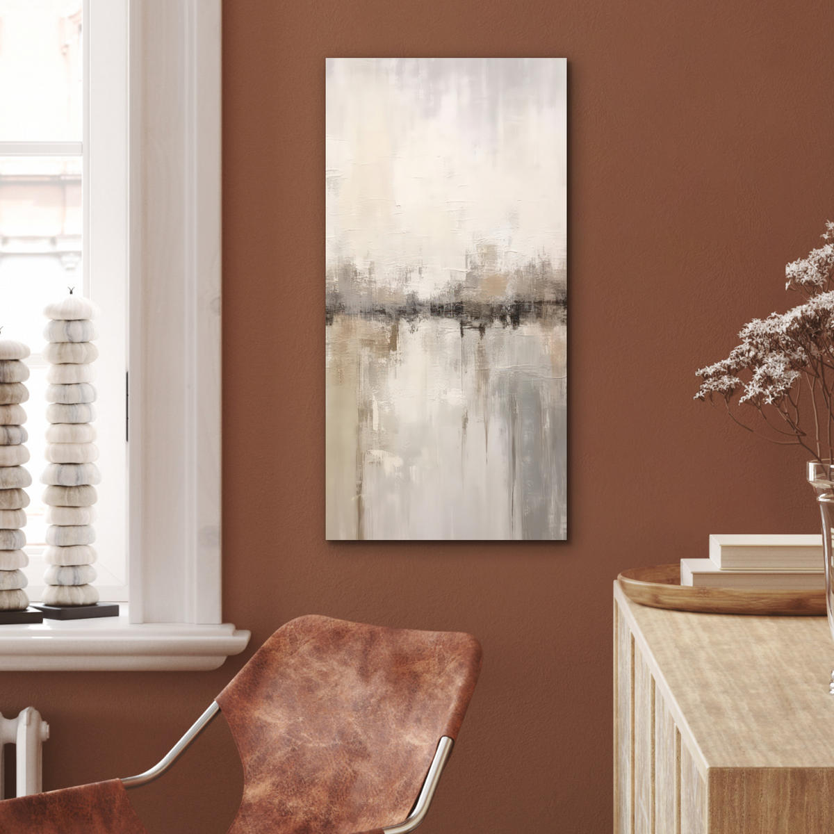 KOVOVÝ OBRAZ Moderné umenie - Abstraktné - Béžové 40x80 cm - béžová, kov (40/80cm) - MuchoWow