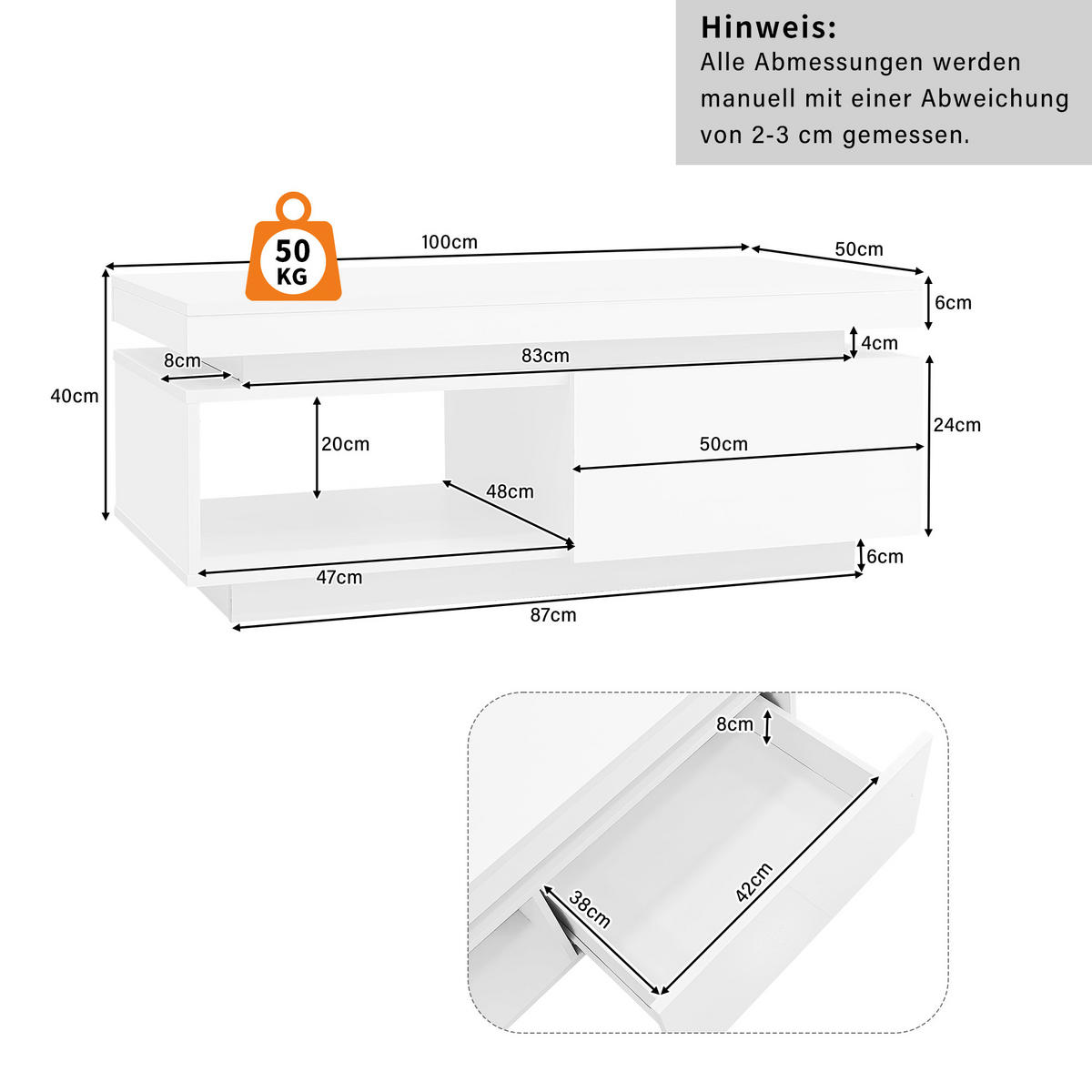 COUCHTISCH 100/50/40,3 cm weiß mit LED-Beleuchtung und Schublade - Weiß, Holzwerkstoff (100/50/40.3cm) - OKWISH