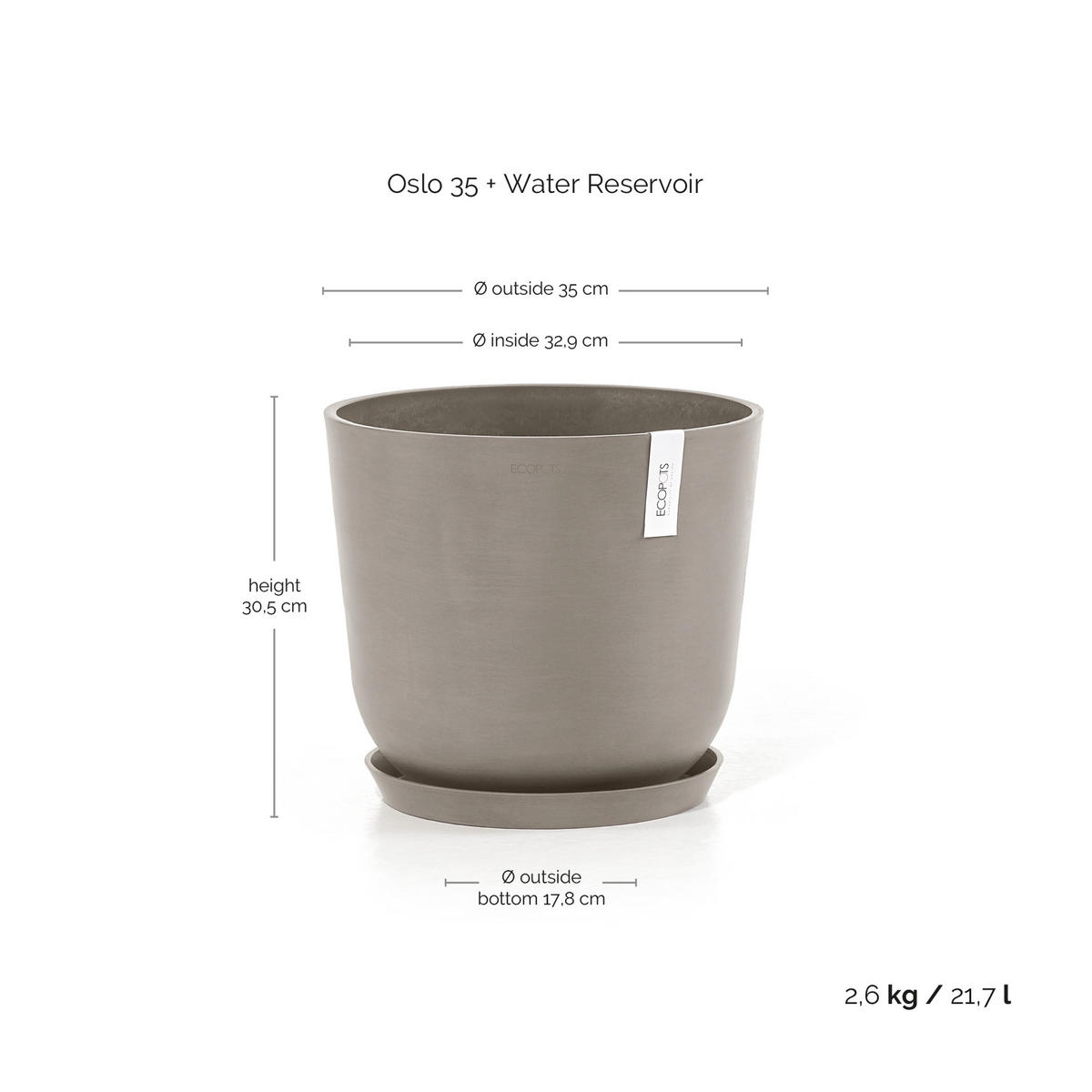 BLUMENTOPF mit Wasserreservoir Oslo 35/30,5 cm Taupe - Taupe, Kunststoff (35/30.5cm) - Ecopots
