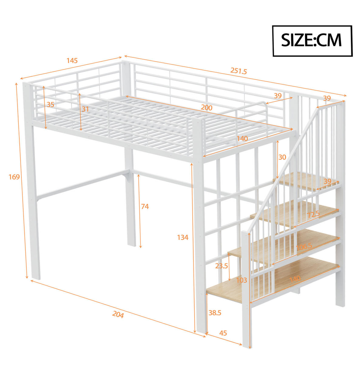 HOCHBETT 140/200 cm Weiß mit Stauraum und Treppe aus Metall und Holz - Weiß, Metall (140/200cm) - OKWISH