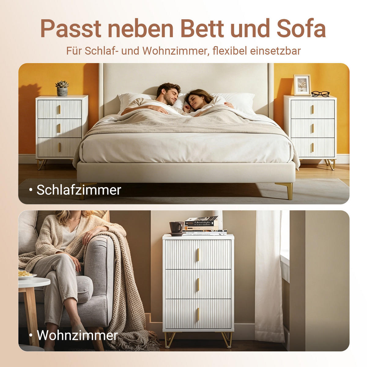 NACHTTISCH mit 3 schubladen, Weiß 40x40x63 cm - Weiß, Holzwerkstoff/Metall (40/63/40cm) - SoBuy