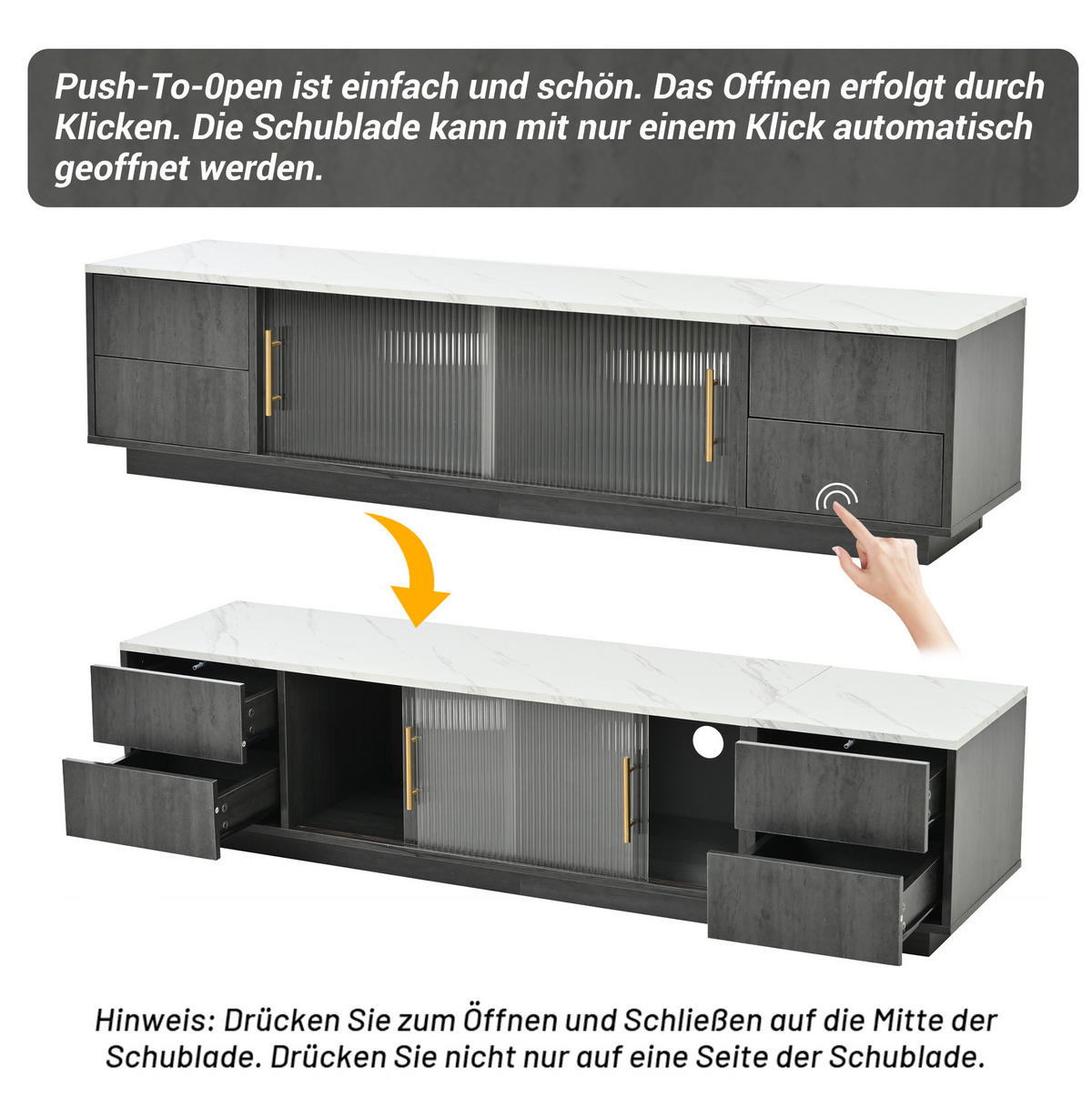 TV ormarić 160/40/38,5 cm sivi od MDF-a s 4 ladice i staklenim vratima - siva, drvni materijal (160/38.5/40cm) - OKWISH