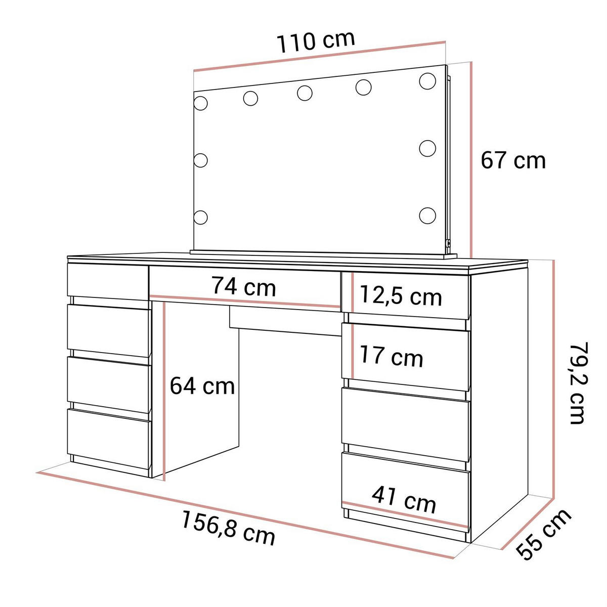 SCHMINKTISCH AURORA DOUBLE SILVER, weiß glänzend - Silberfarben/Weiß, Holzwerkstoff (156.8/79.2/55cm) - Lookway