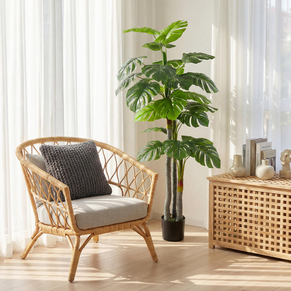 KUNSTPFLANZE, Künstliche Monstera 1,5 m, Schildkrötenblätter, inklusive Topf, realistisch, Grün - Multicolor, Kunststoff (150cm) - FORIOUS