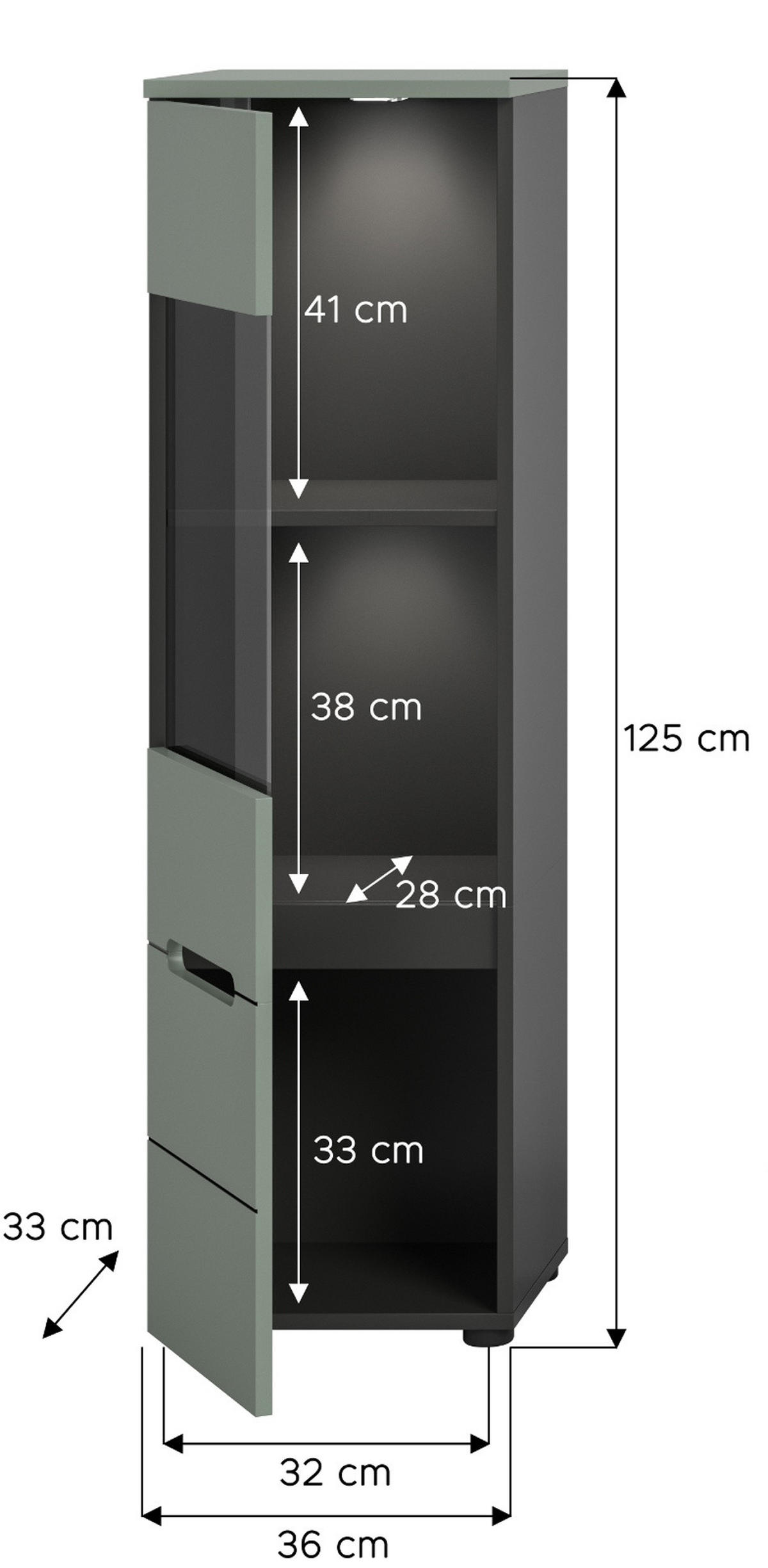 VITRINE Salbei Grün, Basalt Grau hängend / stehend 36 cm mit Soft-Close - Salbeigrün/Schwarz, Glas/Holzwerkstoff (36/125/33cm) - Inn.Furn