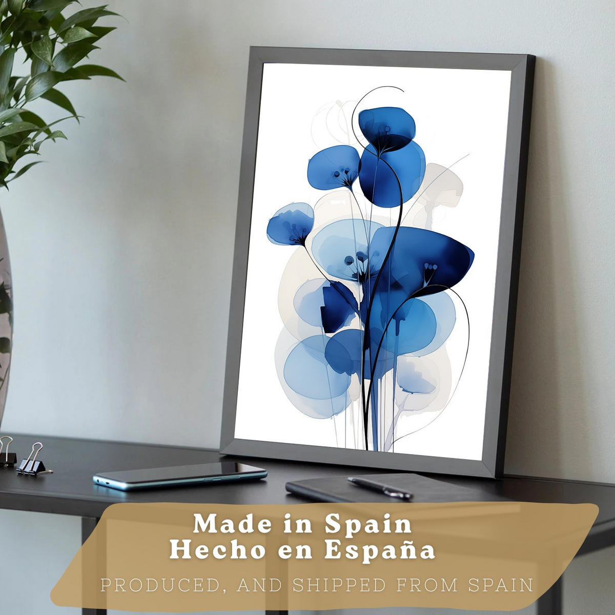 PLAKAT Sada 3 Modré květy A3 Černý rám - černá, papír (29.7/1/42cm) - Nacnic