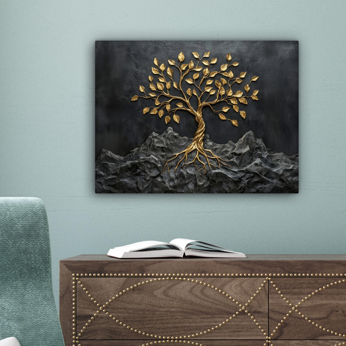 LEINWANDBILD Blätter - Gold - Baum - Fels Wandbild 40x30 cm - Schwarz, Textil (40/30cm) - MuchoWow