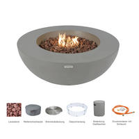 FEUERTISCH LUNAR BOWL Gasfeuerstelle aus GF-Beton - 4-tlg. Set inkl. Glasumrandung, Brennerabdeckung und Gasflaschen-Abdeckung - Hellgrau, Naturmaterialien (107/40/107cm) - Elementi