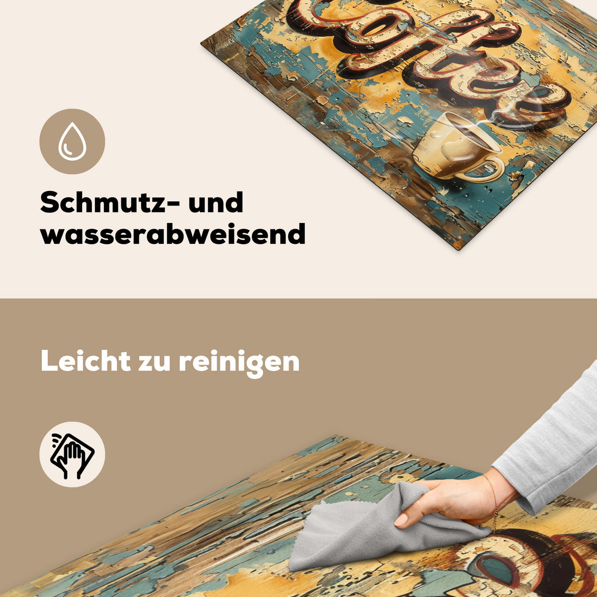 HERDABDECKPLATTE Kaffee - Vintage - Braun - Tasse Herdabdeckung Induktionsfeld 65x52 cm - Teakfarben, Kunststoff (65/52/0.2cm) - MuchoWow