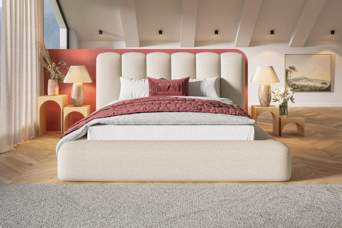 BETT 180x200 - Polsterbett mit Bettkasten und Holzrahmen - Modern Bett - Eleganter Catch Me-Stoff - Kollektion Alva Maxi - Beige - Beige, Holz/Textil (180/200cm) - Alpi-Möbel