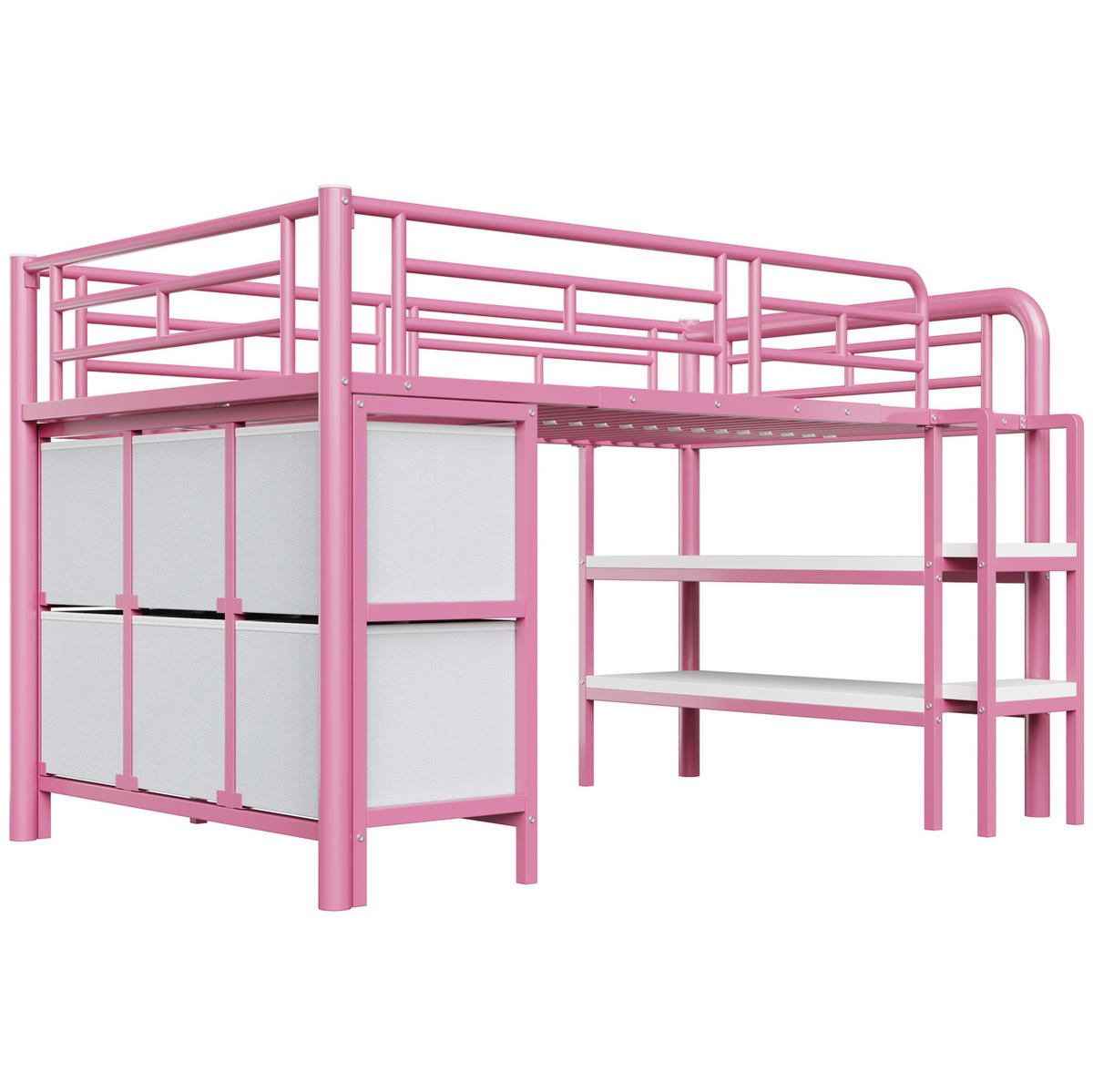 HOCHBETT 90/200 cm aus Metall und MDF mit Stauraumtreppe Rosa/Weiß - Rosa, Metall (90/200cm) - Modenvie