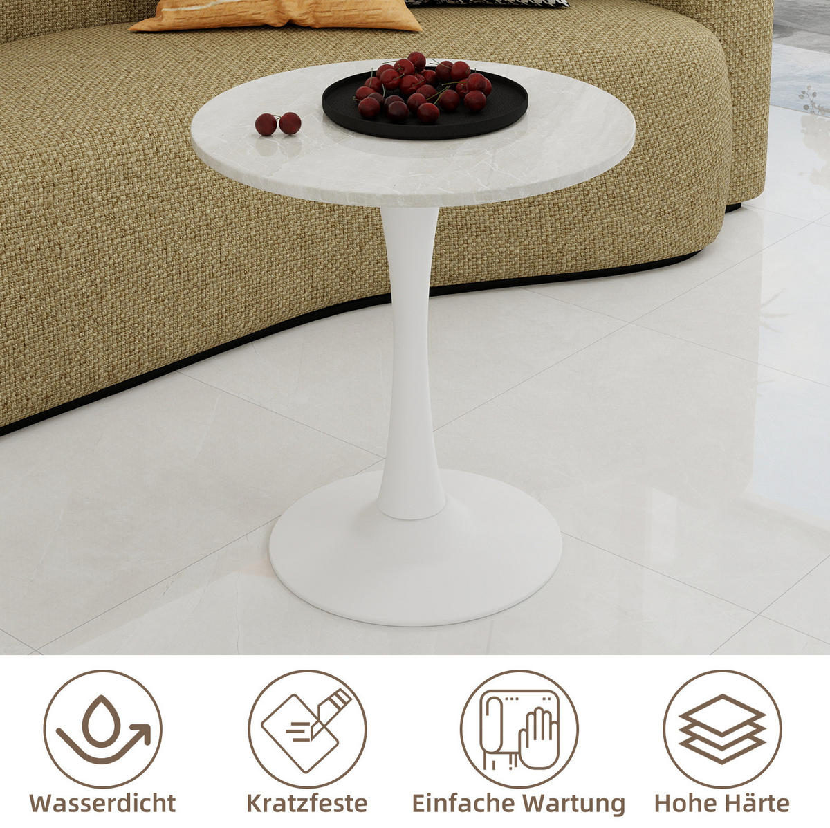 COUCHTISCH 70,1 cm in Weiß aus Kunstmarmor–rundes Design für viele Wohnbereiche - Weiß, Stein (70/70/72cm) - Flora Grace