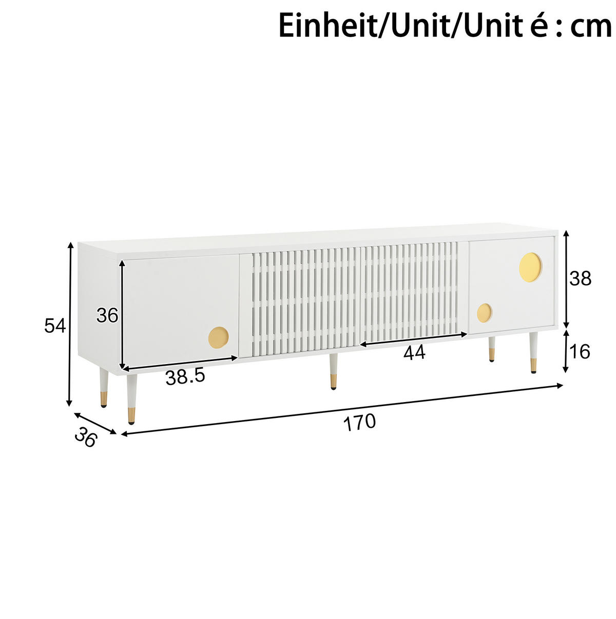 TV-SCHRANK in Weiß mit 4 Türen, Gitterfront und Goldakzenten 170/36/54 cm - Weiß, Holzwerkstoff (170/54/36cm) - Redom
