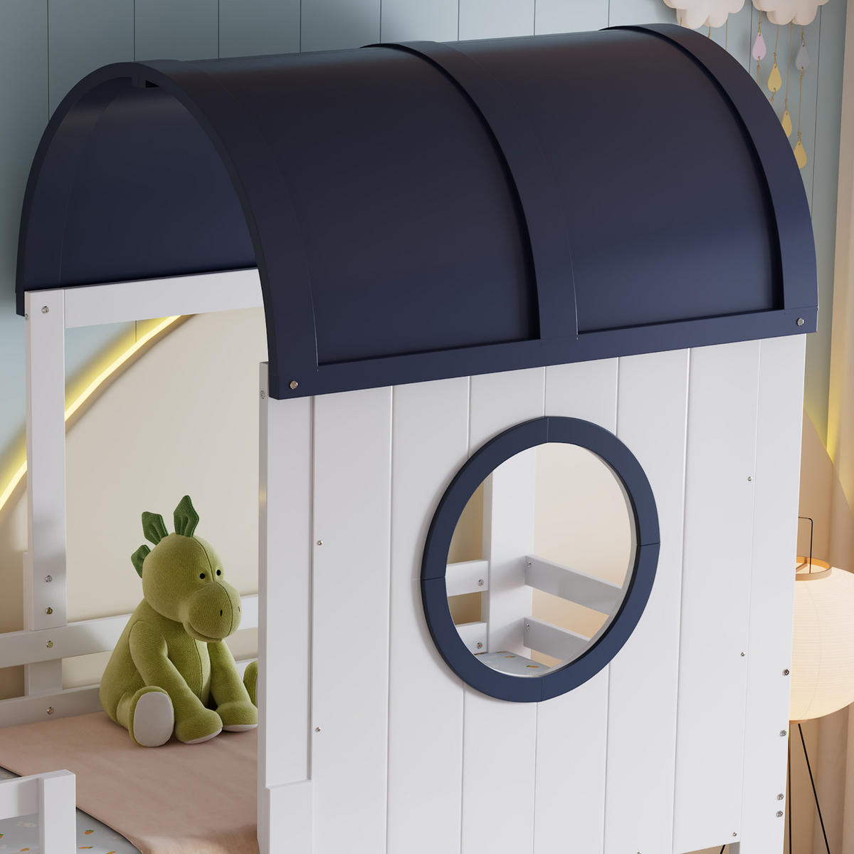 ETAGENBETT 90/200 cm Weiß+Dunkelblau mit Dach und Fenster aus Kiefer und MDF - Weiß, Holzwerkstoff (90/200cm) - OKWISH