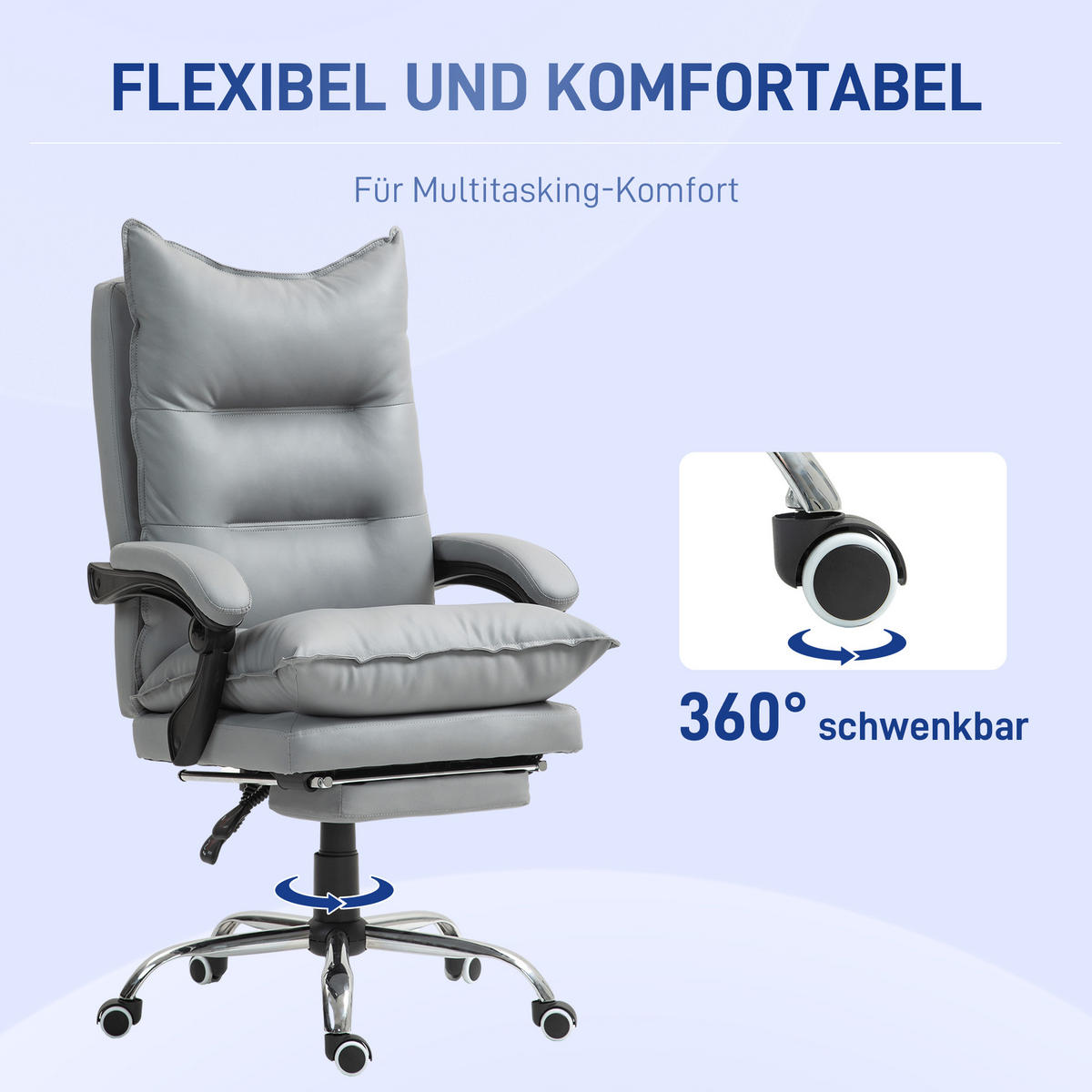 BÜROSTUHL mit Liegefunktion, Hellgrau - Hellgrau, Kunststoff (66/130/72cm) - Vinsetto