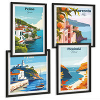 BILDER SET 4er Set - 50x50 cm & 40x60 cm Schwarzer Rahmen - Retro-Landschaften im malerischen Stil - Schwarz, Kunststoff (50/50cm) - TULUP
