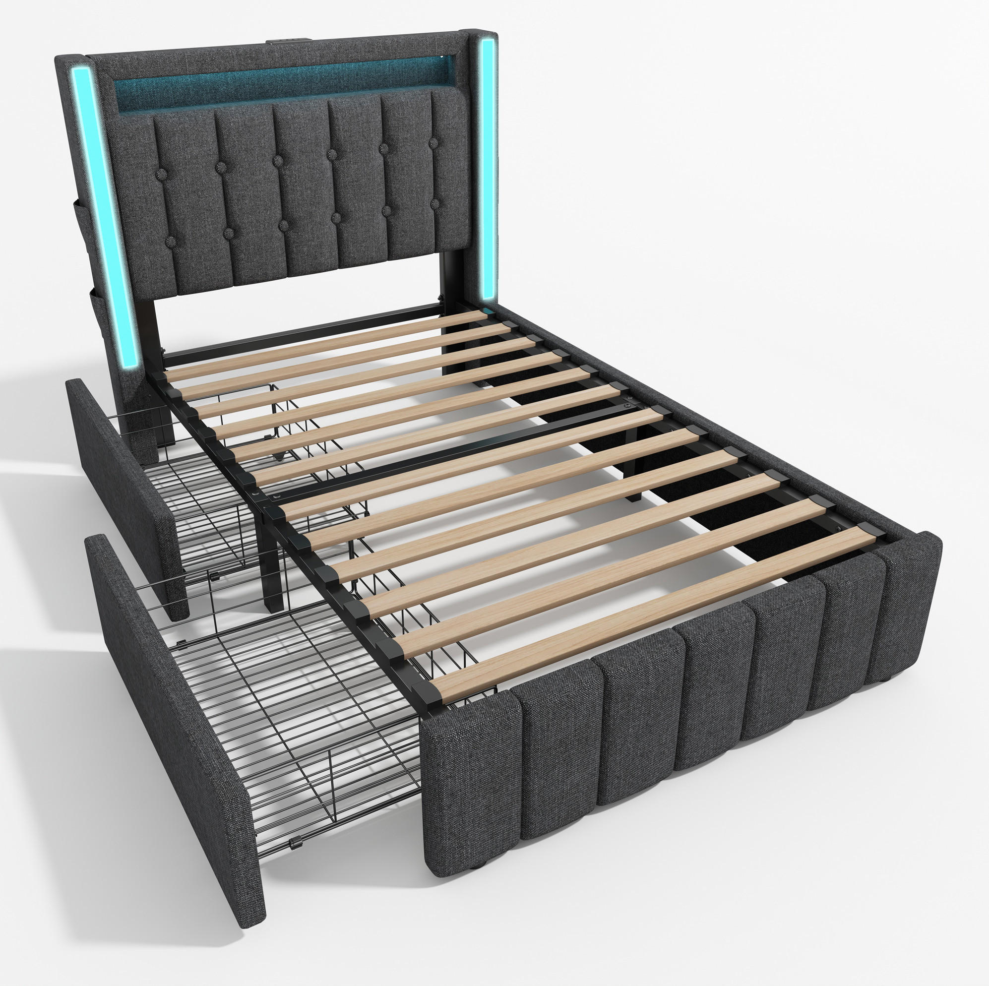 POLSTERBETT 90/200 cm Grau aus Leinen mit LED-Beleuchtung, Ladefunktion und 2 Schubladen - Grau, Textil (90/200cm) - OKMYHOME