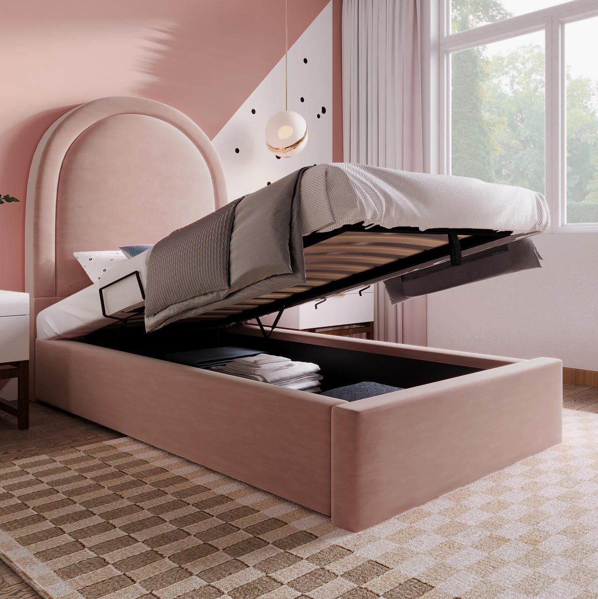 POLSTERBETT mit Stauraum und Matratze 90x200 cm Samt Rosa - Pink, Metall (90/200cm) - Beauniv