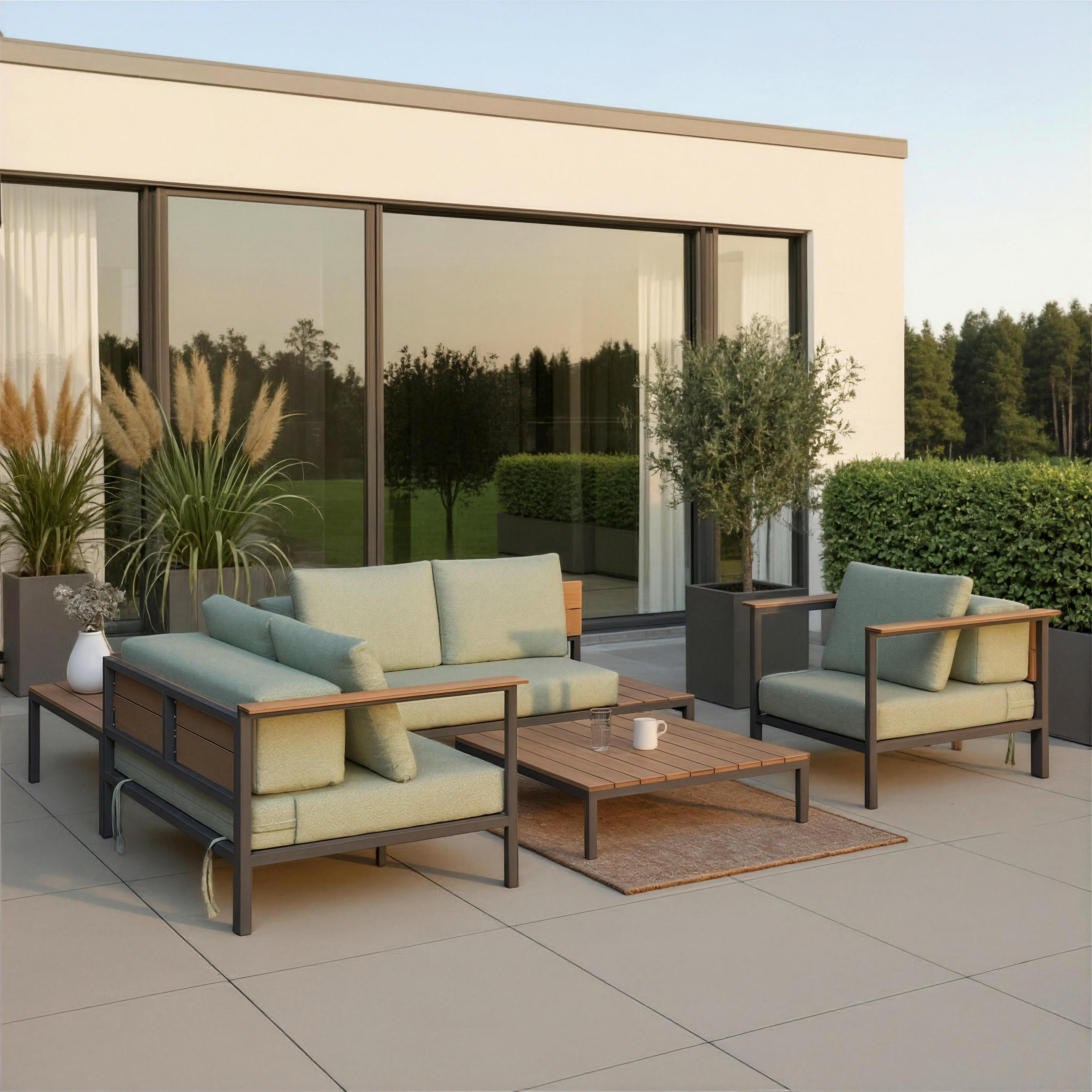 LOUNGEGARNITUR Chiara Grün Outdoorstoff/Metall +Abdeckung - Hellgrau, Metall - Bessagi Garden
