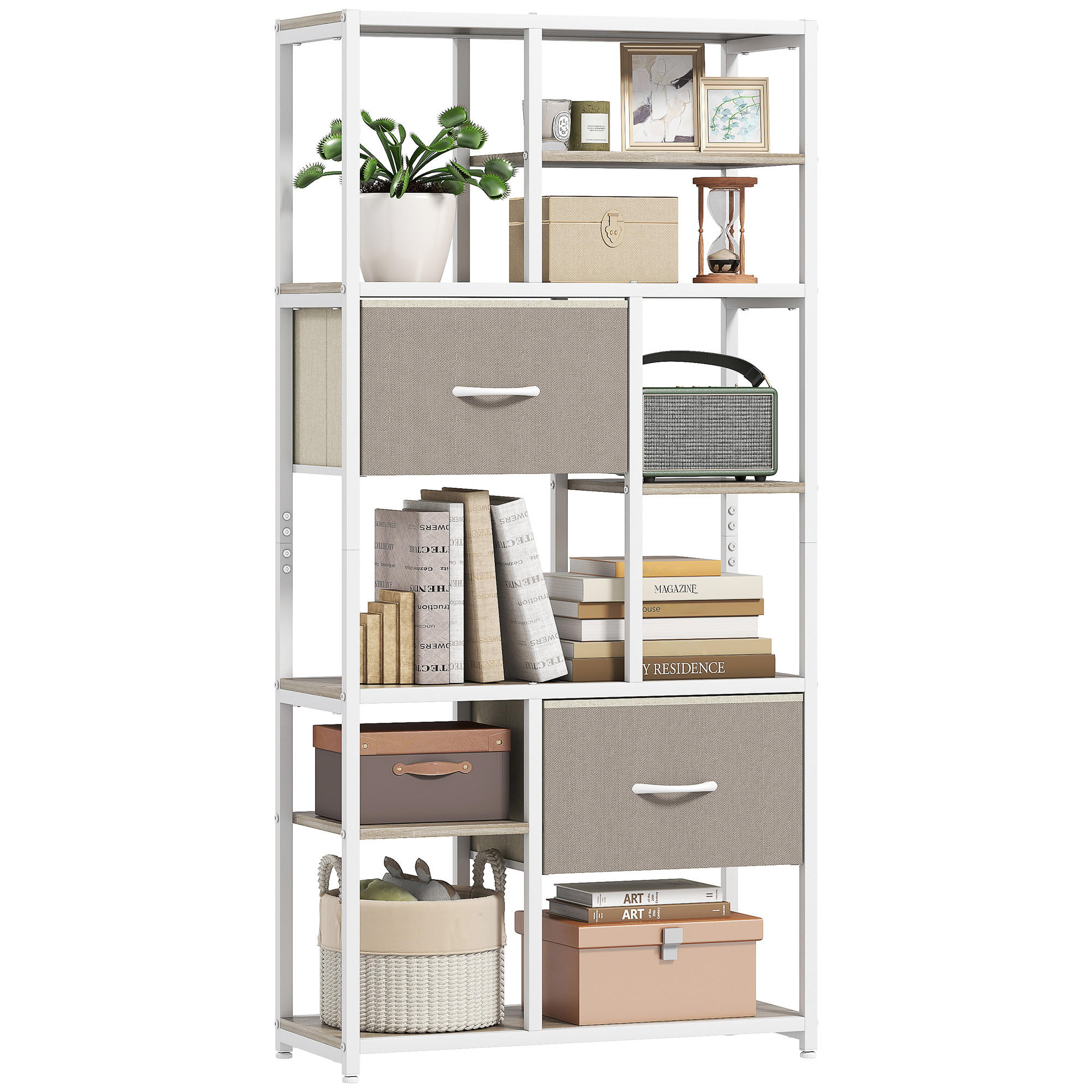 REGAL DE-15550 72,5/30/150 cm, 6 Ebenen mit 2 Stoffschubladen Weiß - Eichefarben, Metall (72.5/150/30cm) - ComfortXL