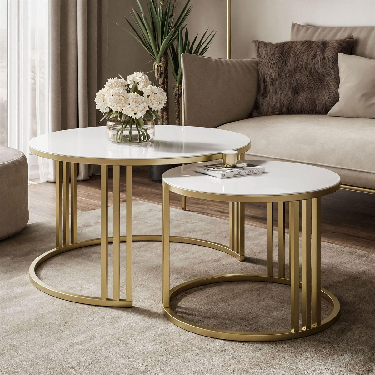 COUCHTISCH 2in1 LORI GLASS gebürstetes Gold, gebürstetes Gold / weißes Glas - Weiß, Metall (70/70/43cm) - Lookway