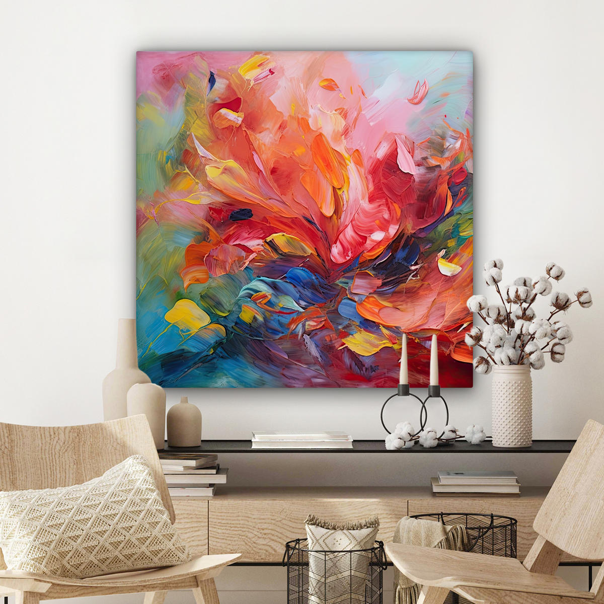 LEINWANDBILD Ölgemälde - Kunst - Abstrakt - Farbenfroh 90x90 cm - Altrosa, Textil (90/90cm) - MuchoWow