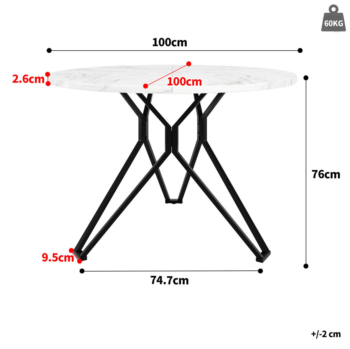 ESSTISCH rund, MDF mit Marmoroptik & Metallgestell, 100/100/76 cm, Schwarz - Schwarz, Holzwerkstoff (100/100/76cm) - Redom