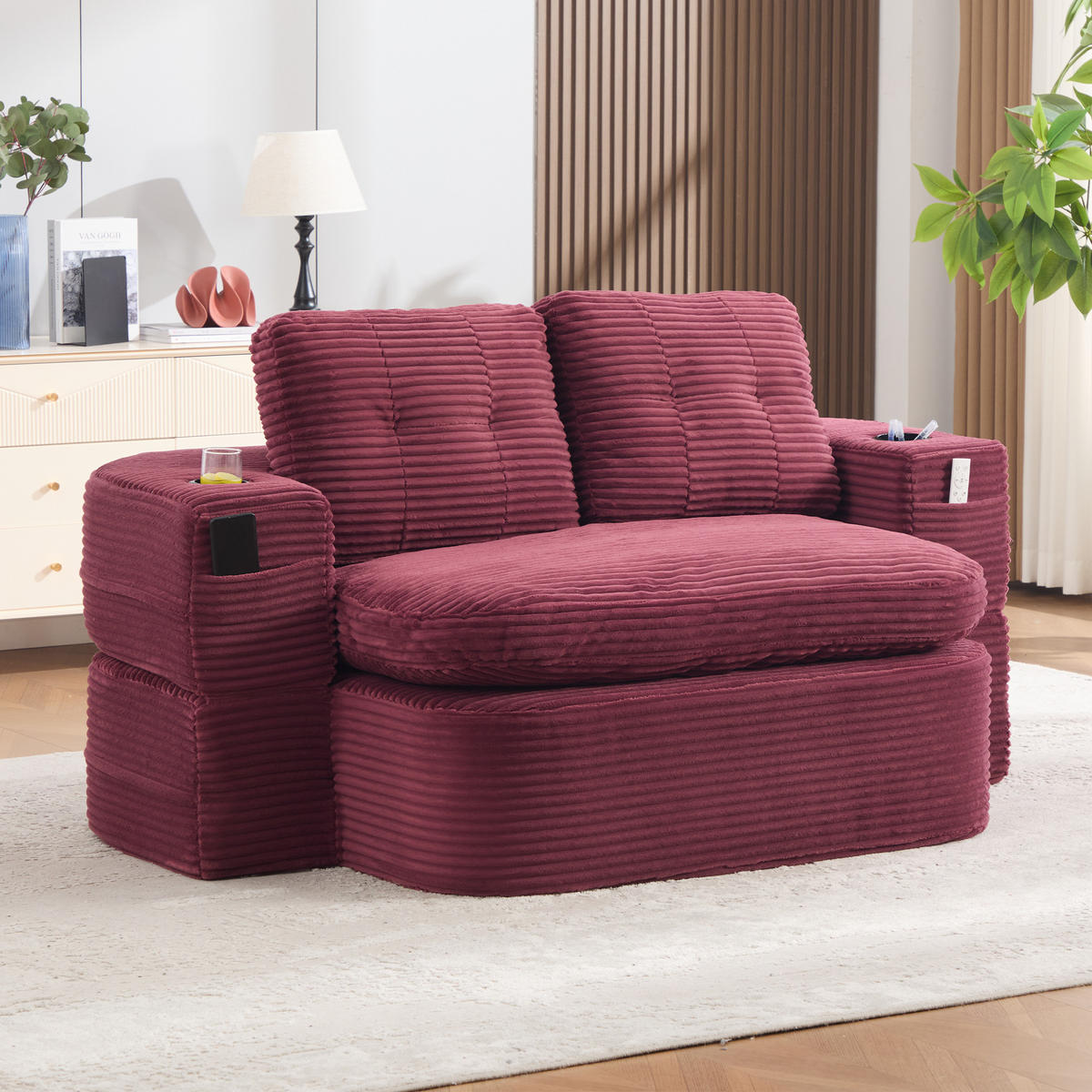 SOFA mit Liegefunktion und Getränkehaltern aus Cord in Weinrot - Weinrot, Textil (165/61/97cm) - EVRYAE