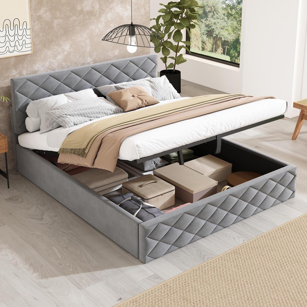 SAMT-POLSTERBETT 140/200 cm in Grau mit Bettkasten und Lattenrost - Grau, Textil (140/200cm) - BEAOK