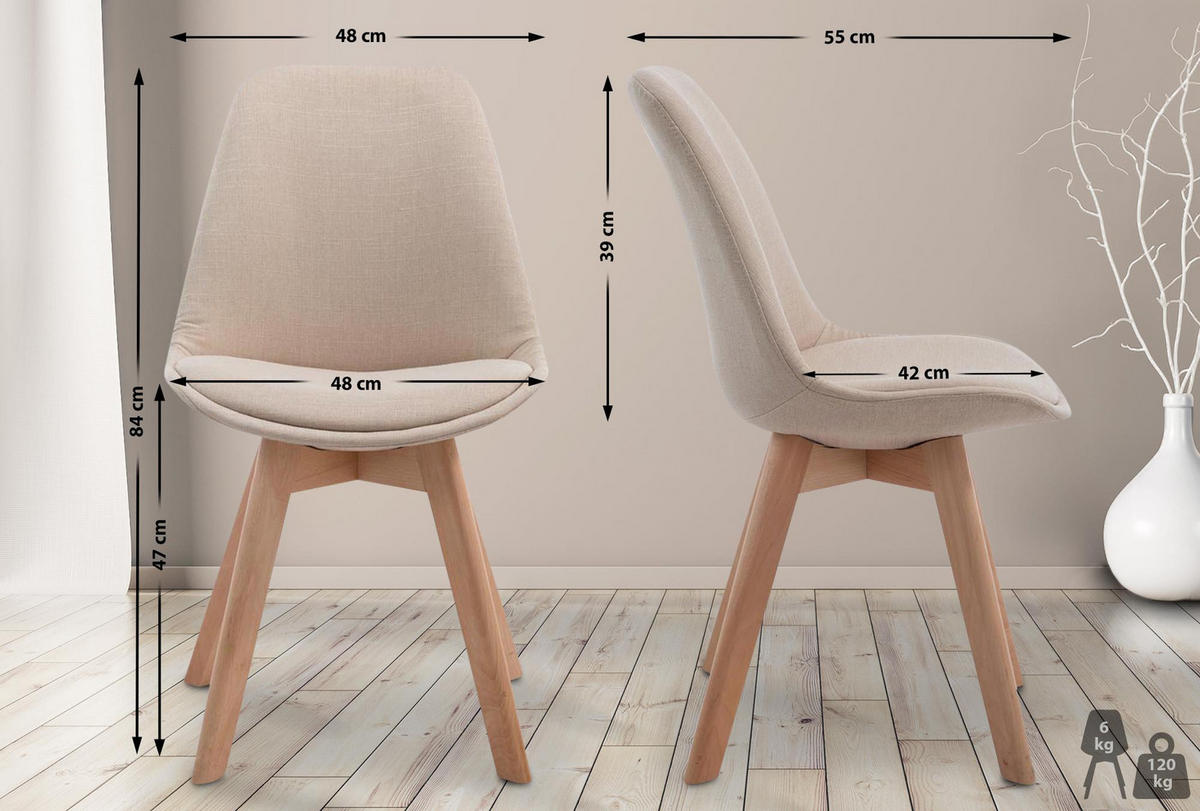 STUHL Stoff creme - Eukalyptusholzfarben/Creme, Holz/Textil (48/84/55cm) - CLP