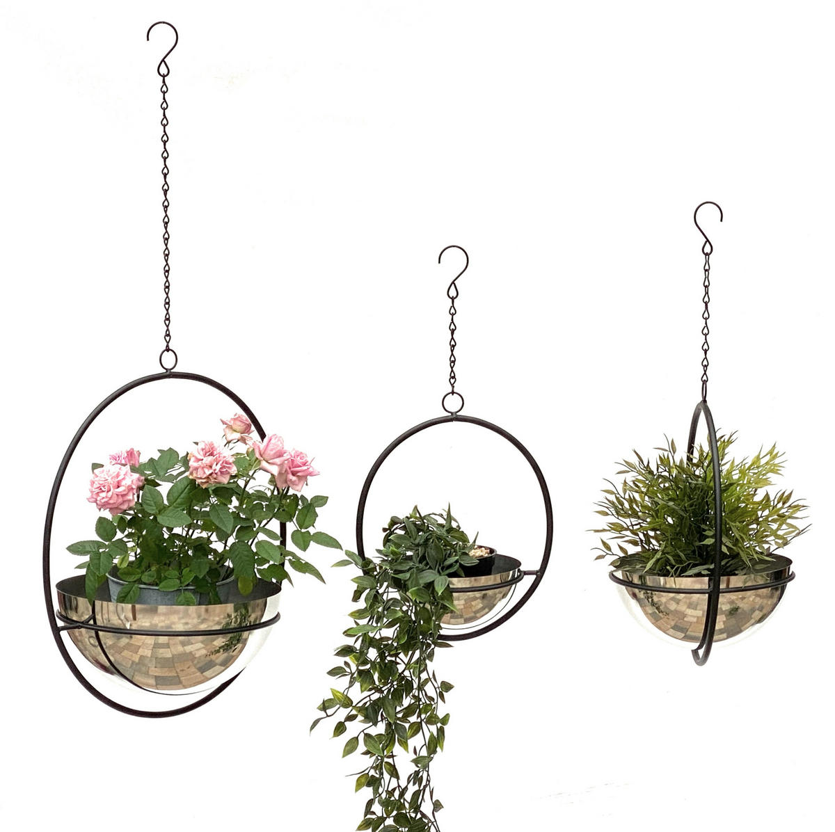 BLUMENAMPEL 3er Set Metall Wand mit Topf Silber - Schwarz, Metall (15/7.5/15cm) - DanDiBo