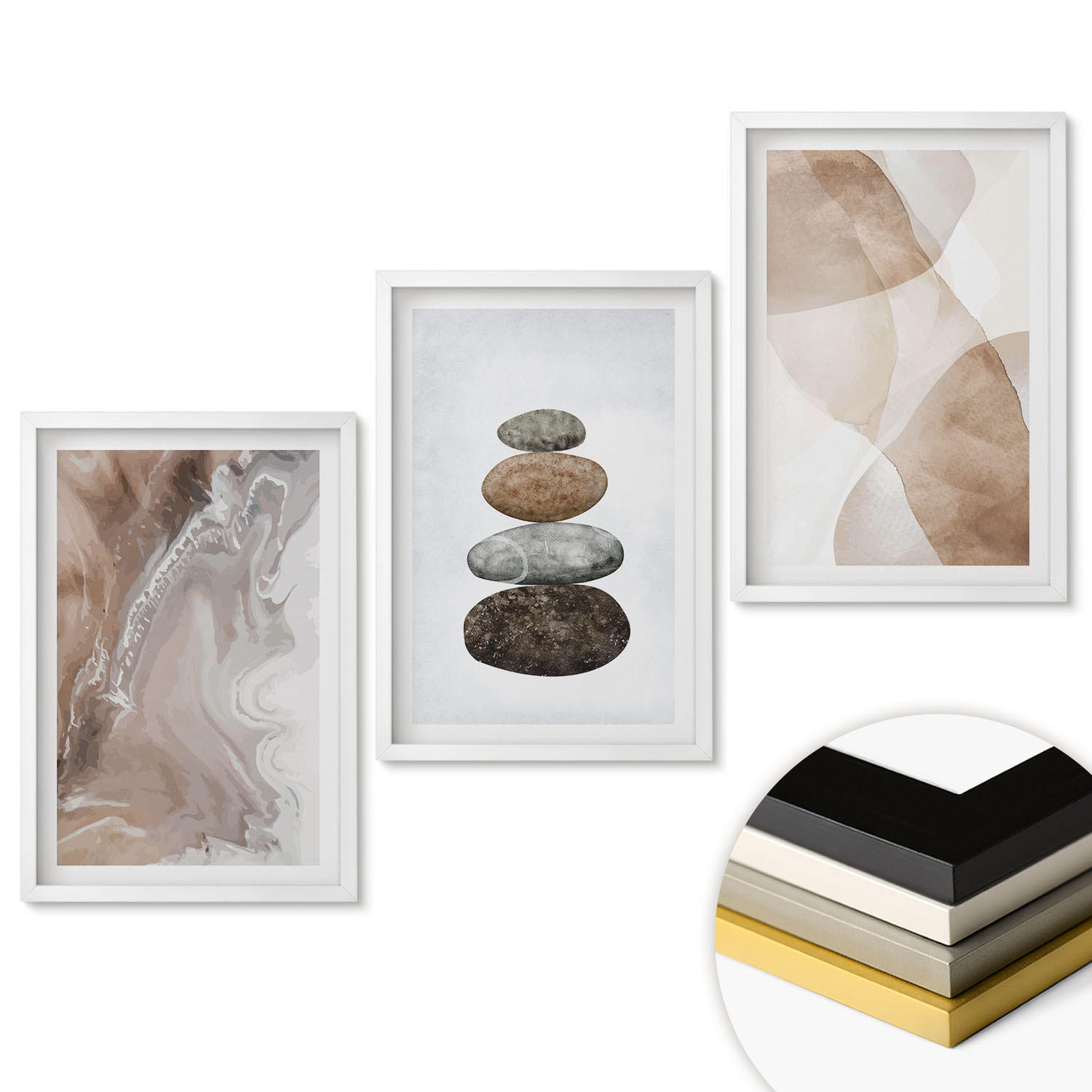 WANDBILDER 3er-Set - 40x60 cm Weißer Rahmen - Abstrakte Pastellformen - Weiß, Kunststoff (40/60cm) - ArtPrintCave