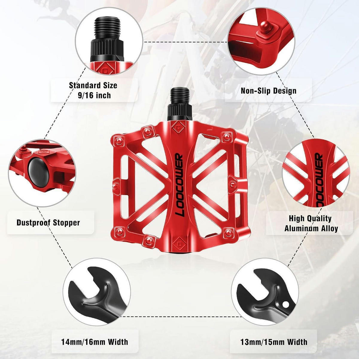 FAHRRADPEDALE Aluminiumlegierung Rot 9/16 Zoll Set - Rot, Metall (10/2.5/12cm)