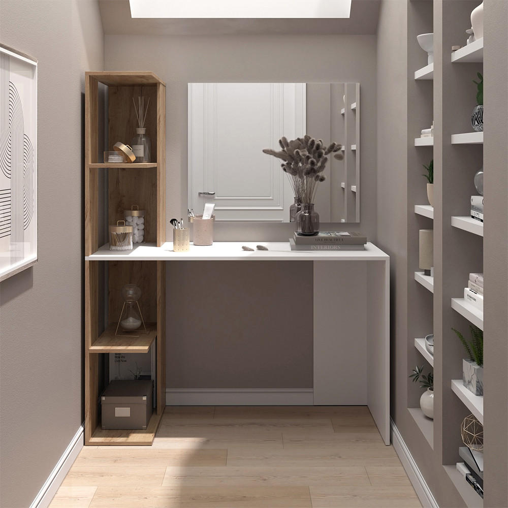 SCHMINKTISCH Tower Weiß/Sonoma 122.2 cm mit Spiegel - Weiß/Sonoma Eiche, Holzwerkstoff (122.2/75.8/55.2cm) - Vicco